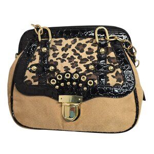 Leopard Print & Faux Suede Handbag With Gold Chain Strap & Black Patent Accents